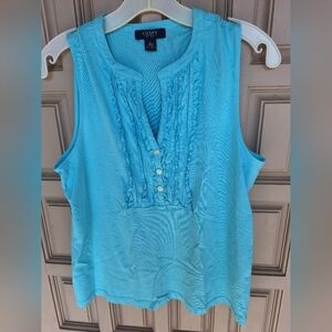 Aqua Tee Sleeveless V Neck Ruffle Front Three Button Embellishment